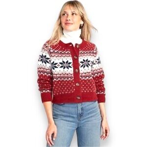 Old Navy Red White and Navy Fair Isle Button Cardigan